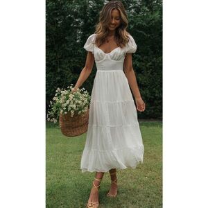 Ivory Puff-Sleeve Tiered Midi Dress